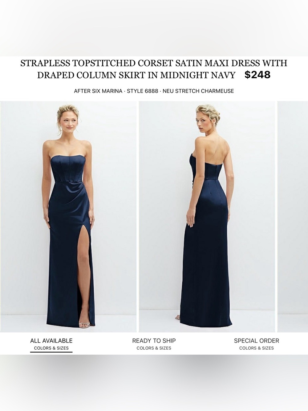 After Six Strapless Corset Satin Maxi Dress in Navy